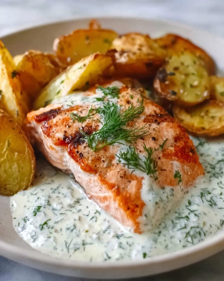 Dill Salmon with Potato Wedges and Creamy Pickle Dill Sauce Recipe