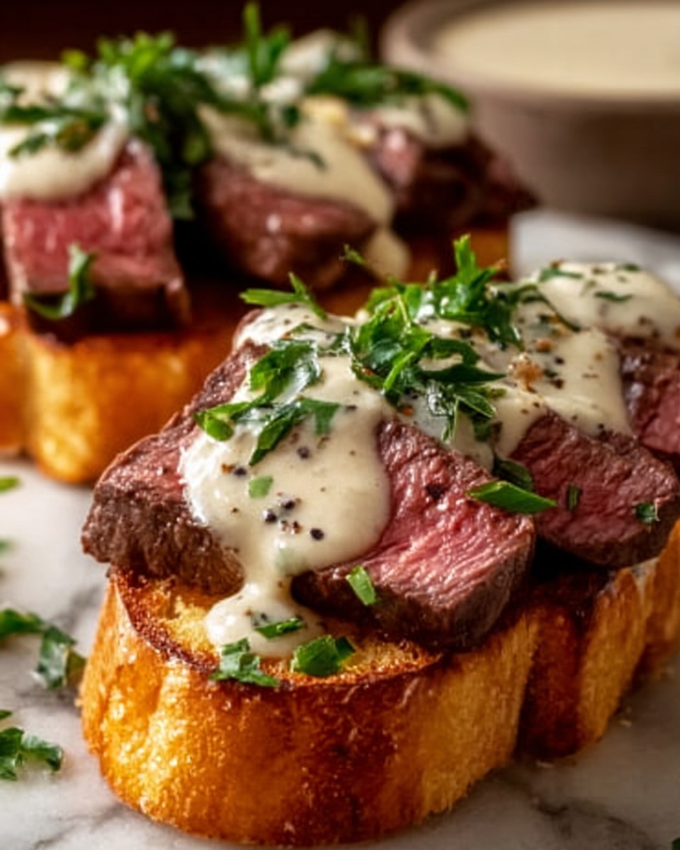 Beef Tenderloin Crostini with Garlic Parmesan Cream Sauce Recipe - Recipe Image