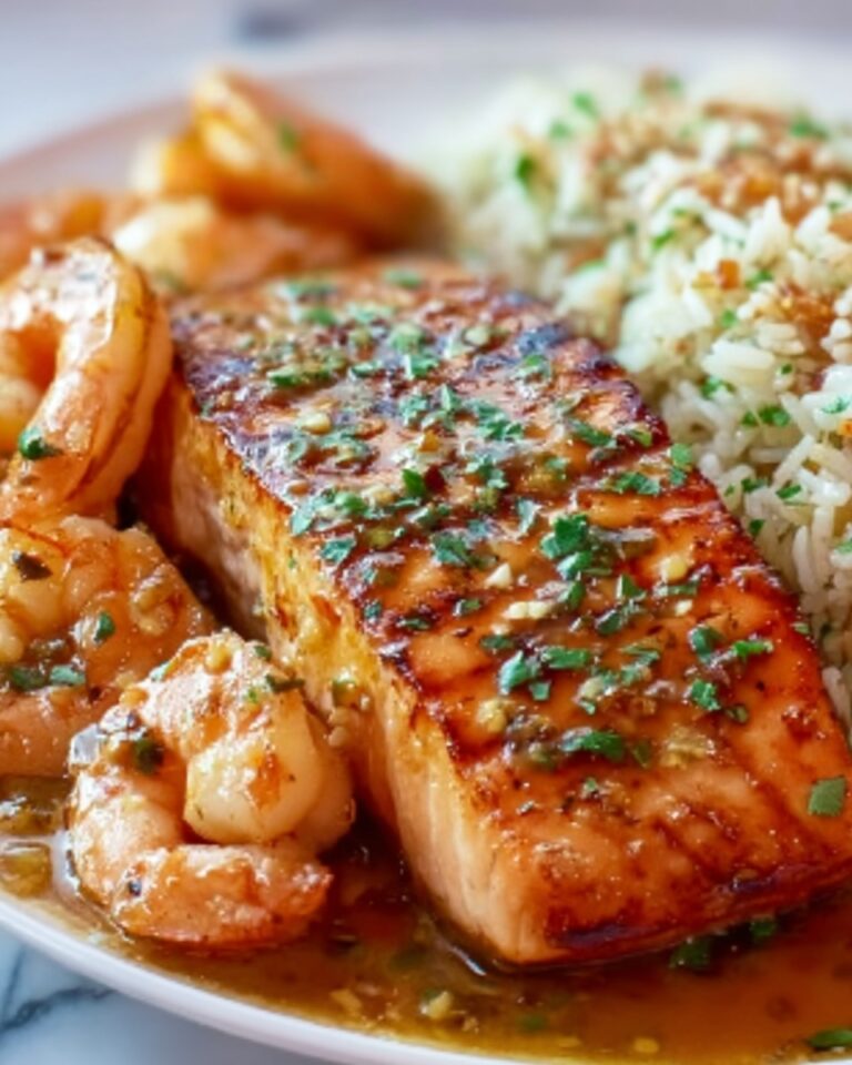 Honey Garlic Salmon & Shrimp over Garlic Butter Rice Recipe