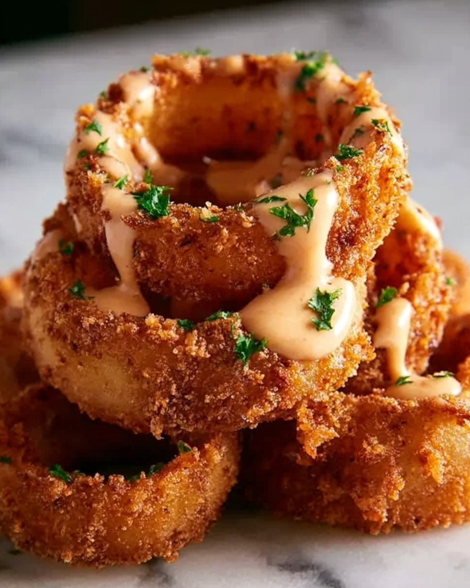 Crispy Onion Rings Drizzled with Spicy Mayo Recipe - Recipe Image