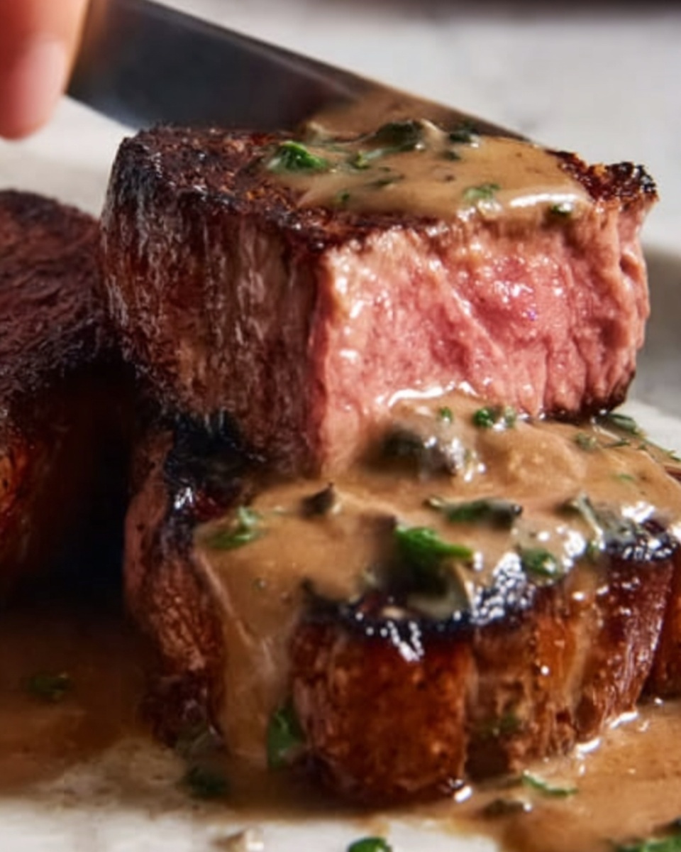 Peppercorn-Crusted Filet Mignon with Creamy Green Peppercorn Sauce Recipe - Recipe Image