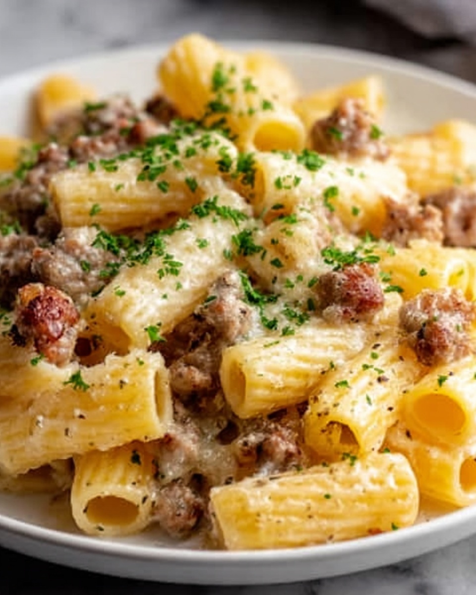 Creamy Garlic Sausage Alfredo Rigatoni Recipe - Recipe Image