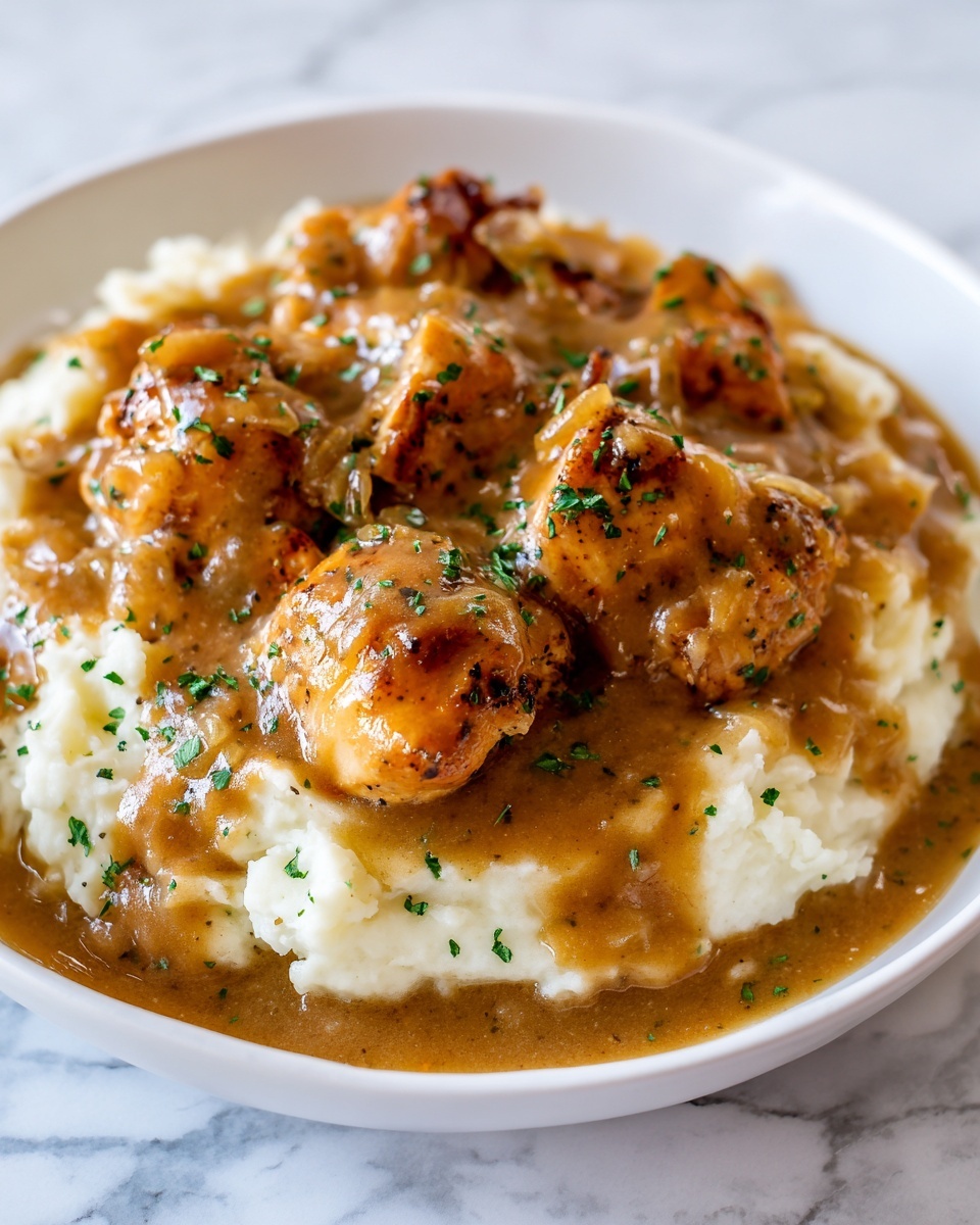 Chicken and Garlic Gravy with Cheesy Mashed Potatoes Recipe - Recipe Image