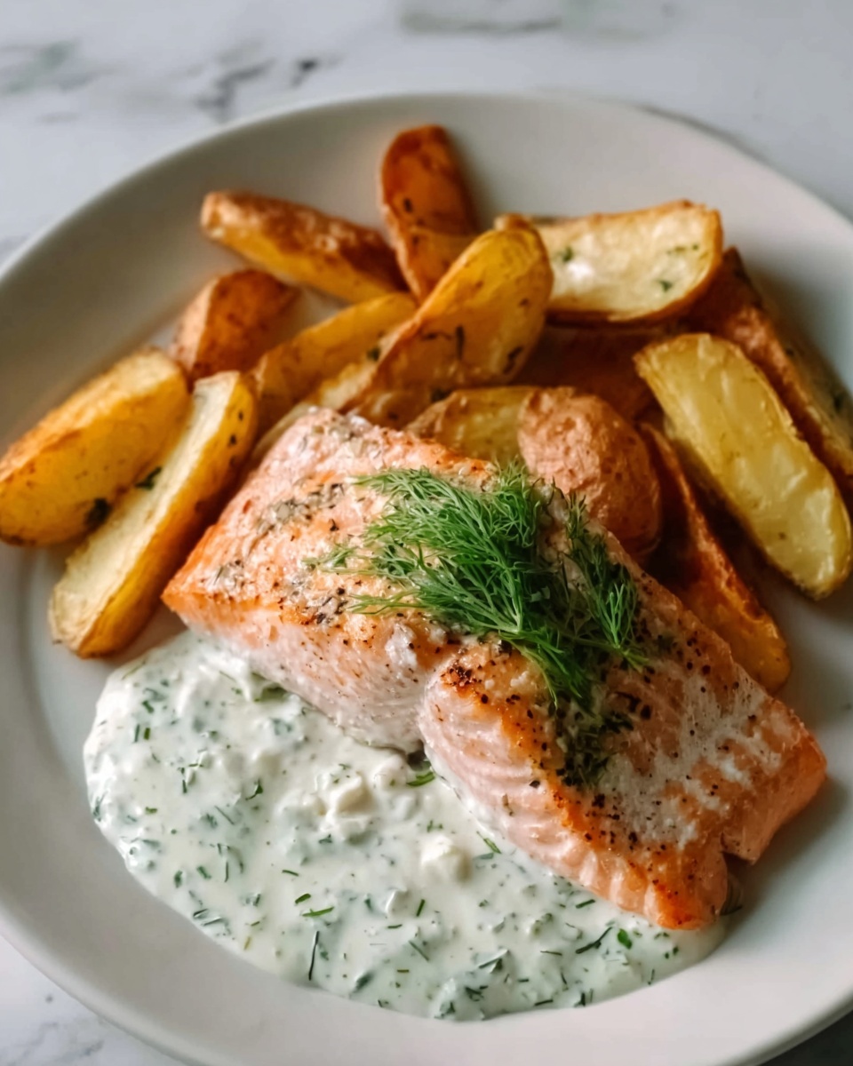 Dill Salmon with Potato Wedges and Creamy Pickle Dill Sauce Recipe - Recipe Image