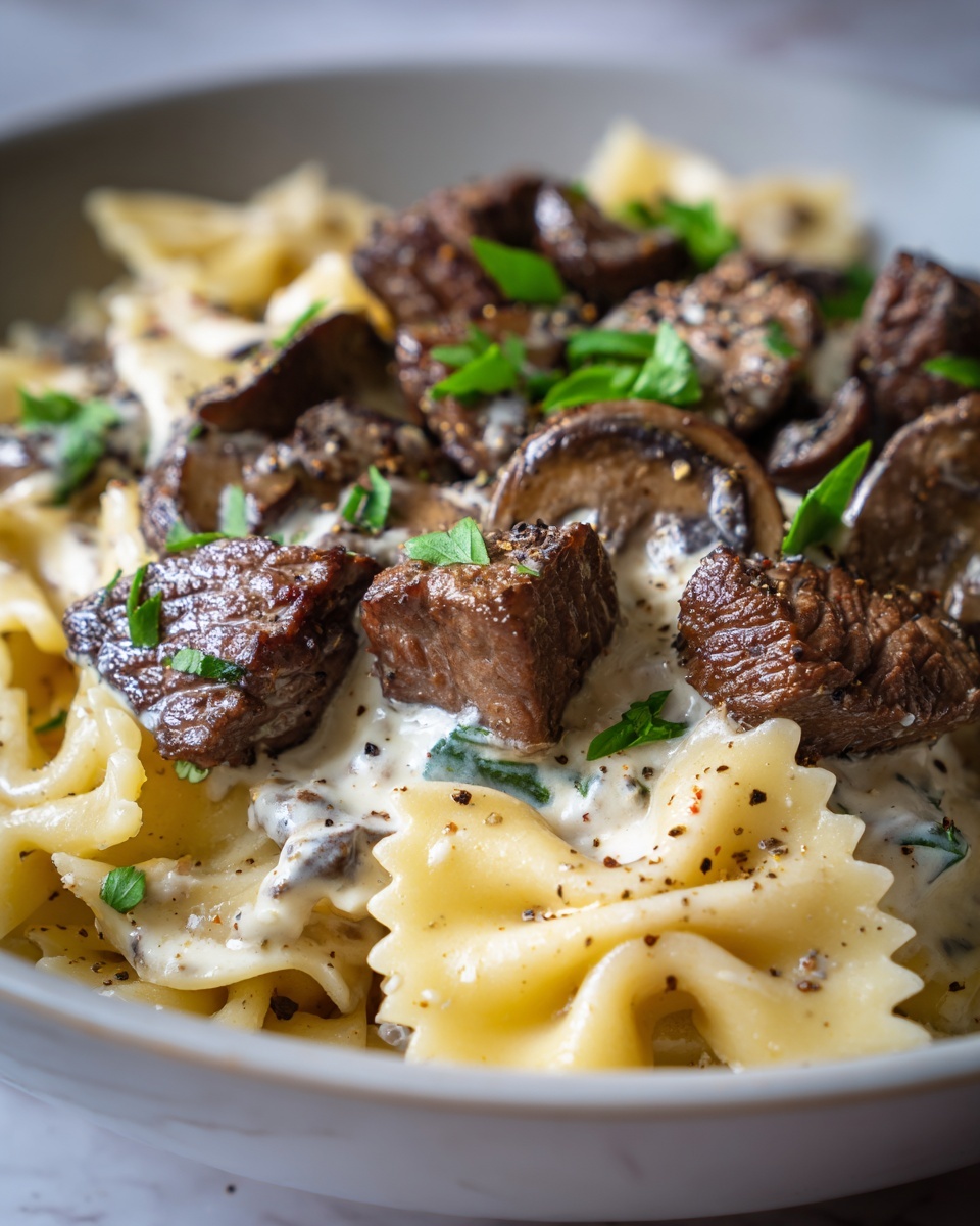 Beef and Bowtie Pasta with Alfredo Sauce Recipe - Recipe Image