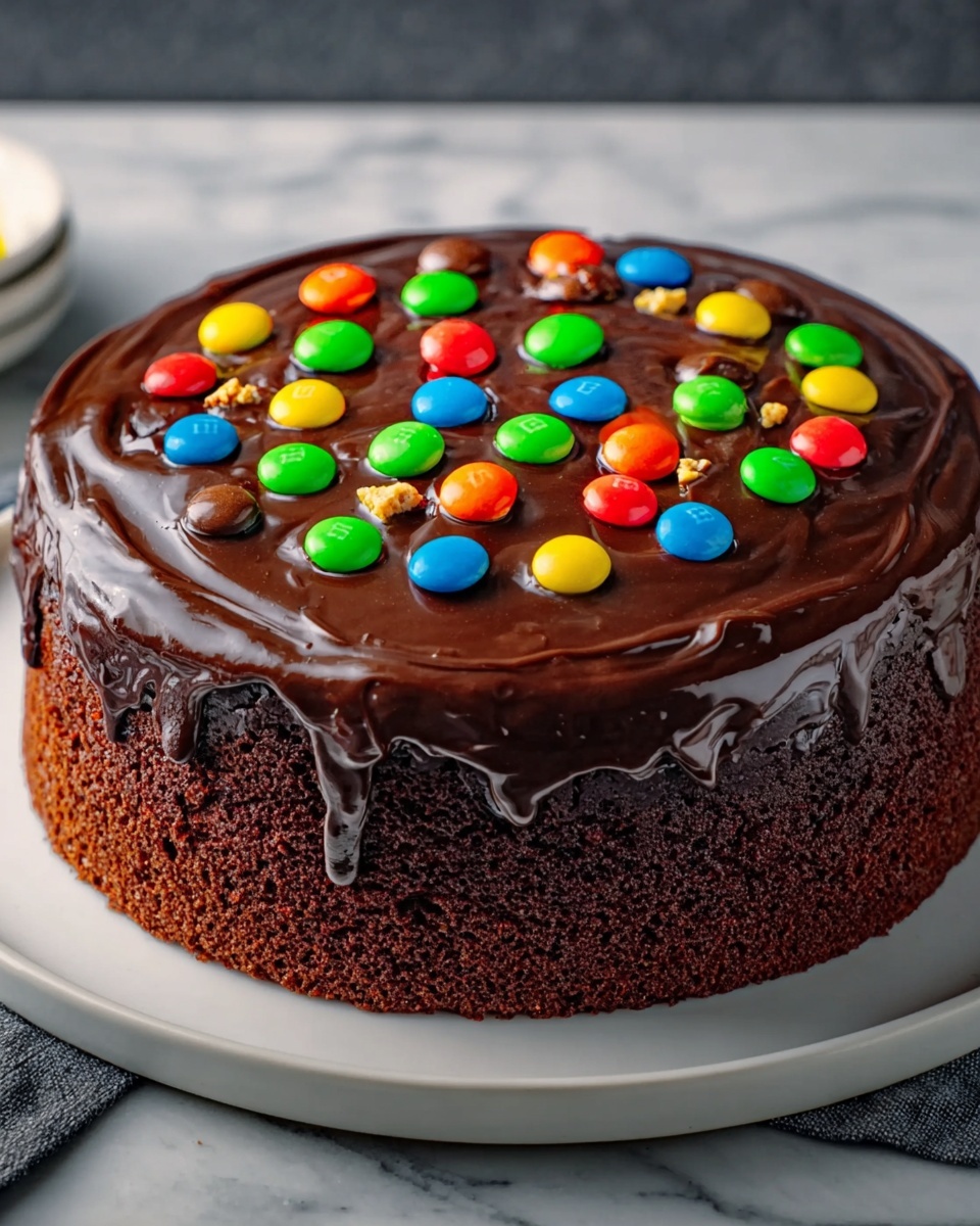 Candy-filled M&M Drip Cake Recipe - Recipe Image