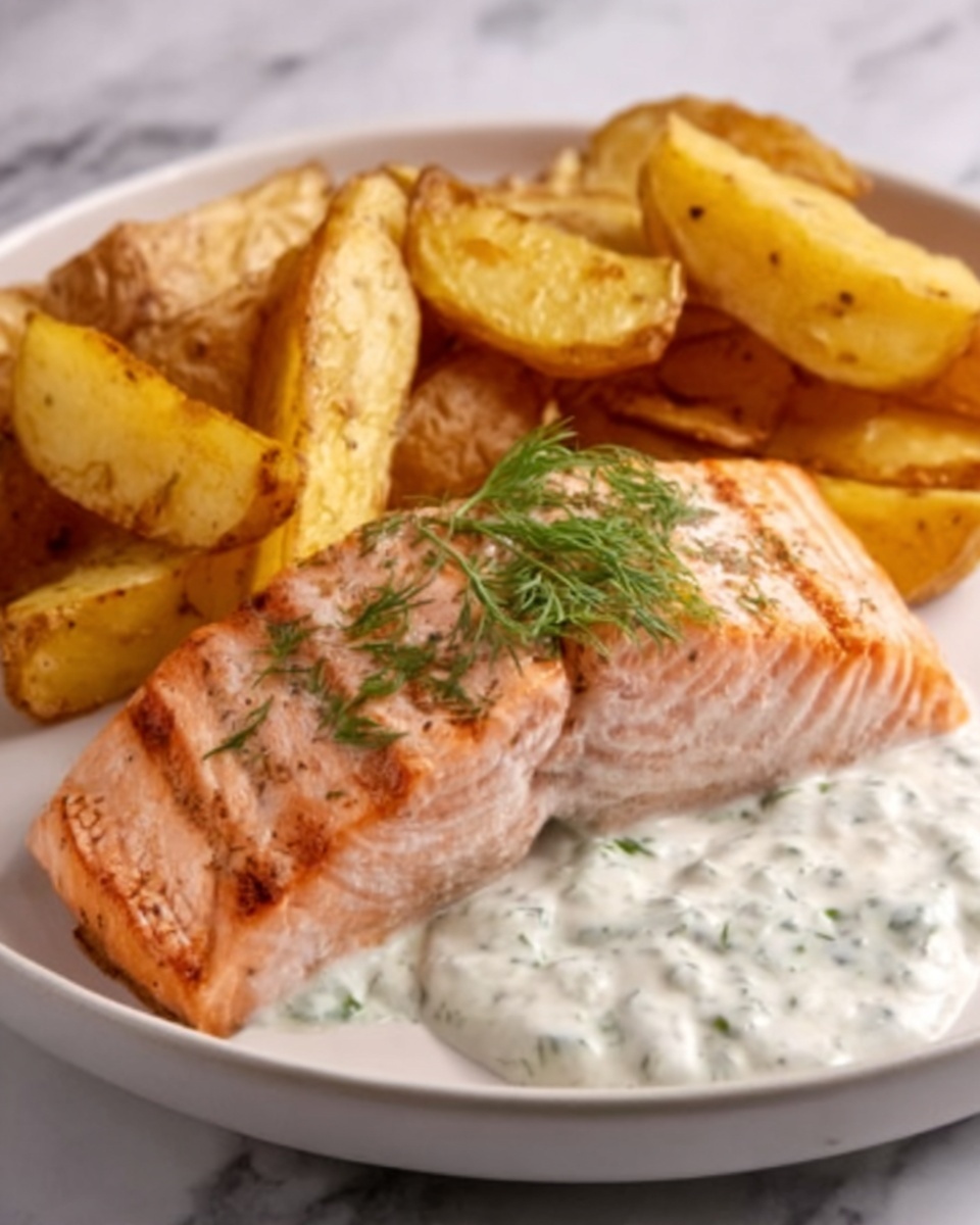 Dill Salmon with Potato Wedges and Creamy Pickle Dill Sauce Recipe - Recipe Image