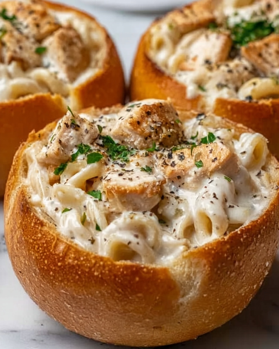 Chicken Alfredo Garlic Bread Bowls Recipe - Recipe Image