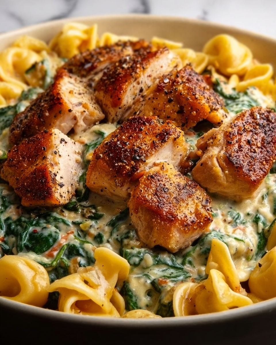 Cheesy Garlic Parmesan Chicken Tortellini with Spinach in Creamy Sauce Recipe - Recipe Image