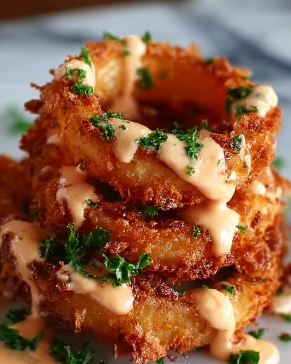Crispy Onion Rings Drizzled with Spicy Mayo Recipe - Recipe Image