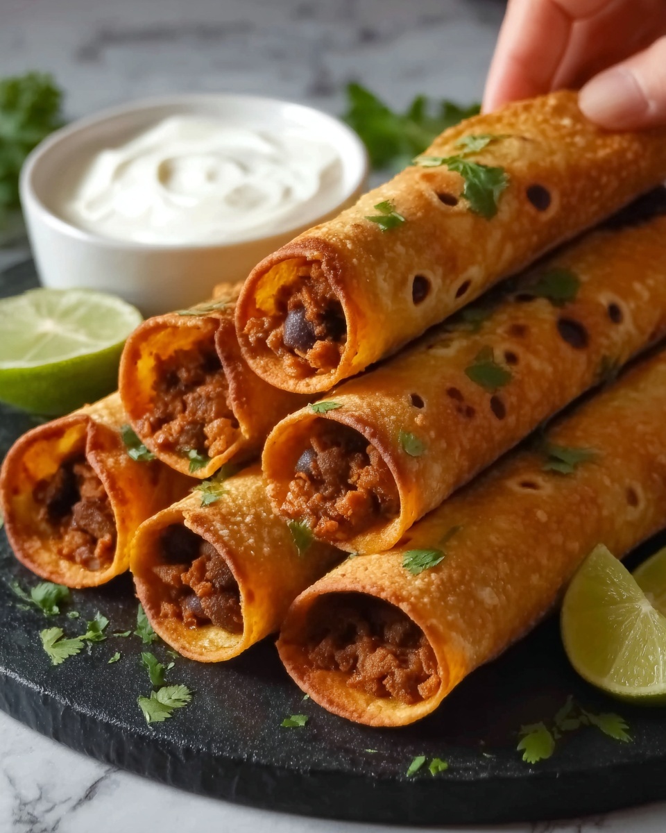 Bean & Cheese Taquitos with Green Chile Sour Cream Sauce Recipe - Recipe Image