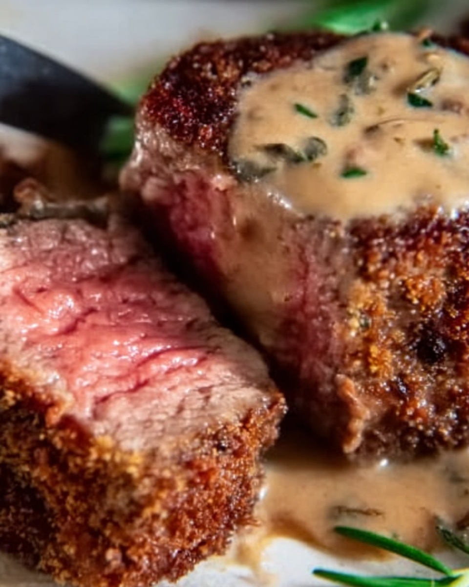 Peppercorn-Crusted Filet Mignon with Creamy Green Peppercorn Sauce Recipe - Recipe Image