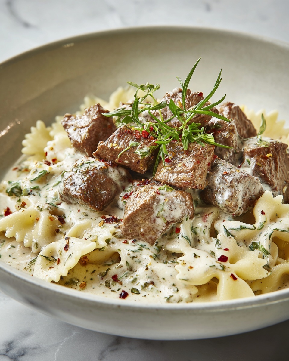 Beef and Bowtie Pasta with Alfredo Sauce Recipe - Recipe Image