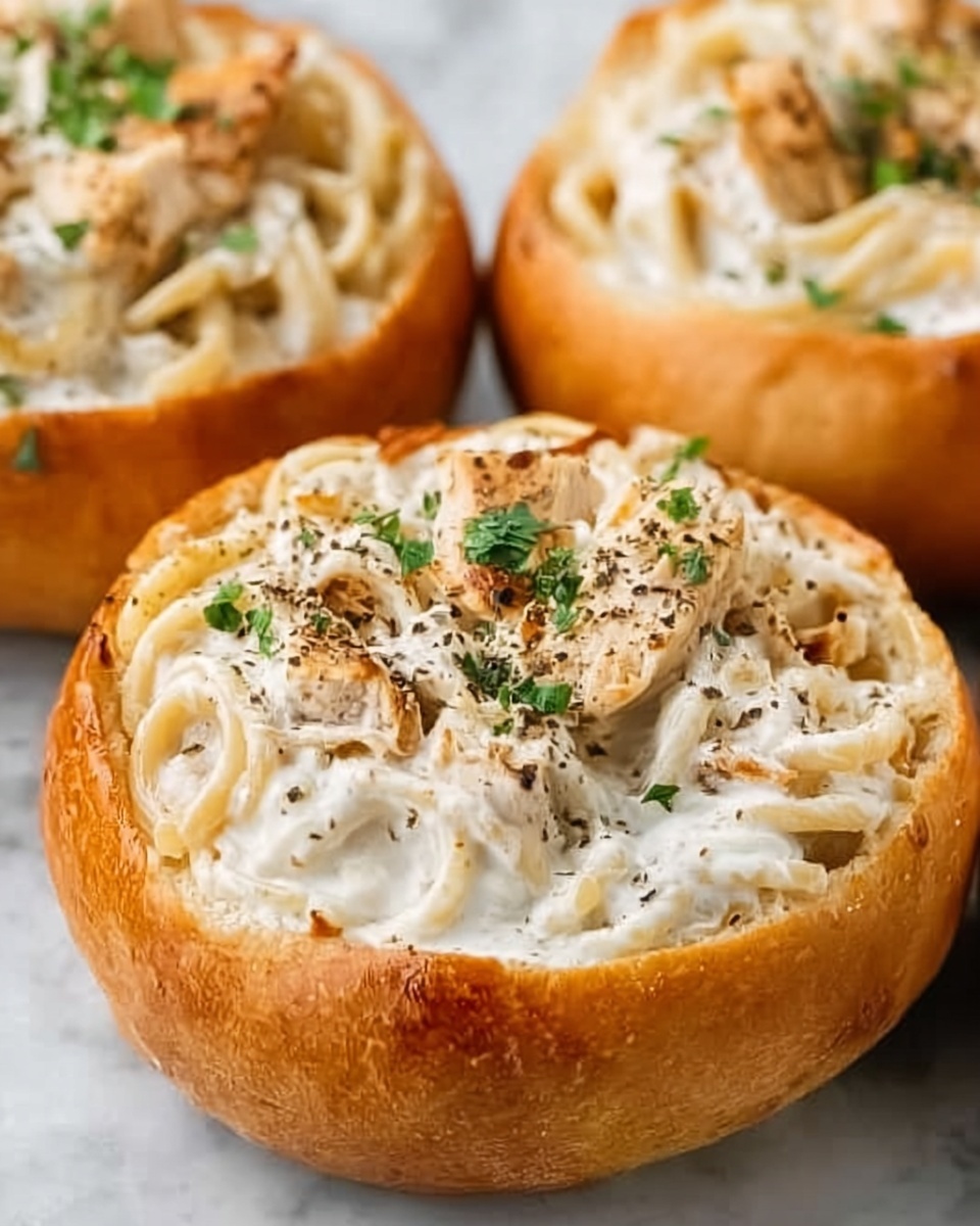 Chicken Alfredo Garlic Bread Bowls Recipe - Recipe Image