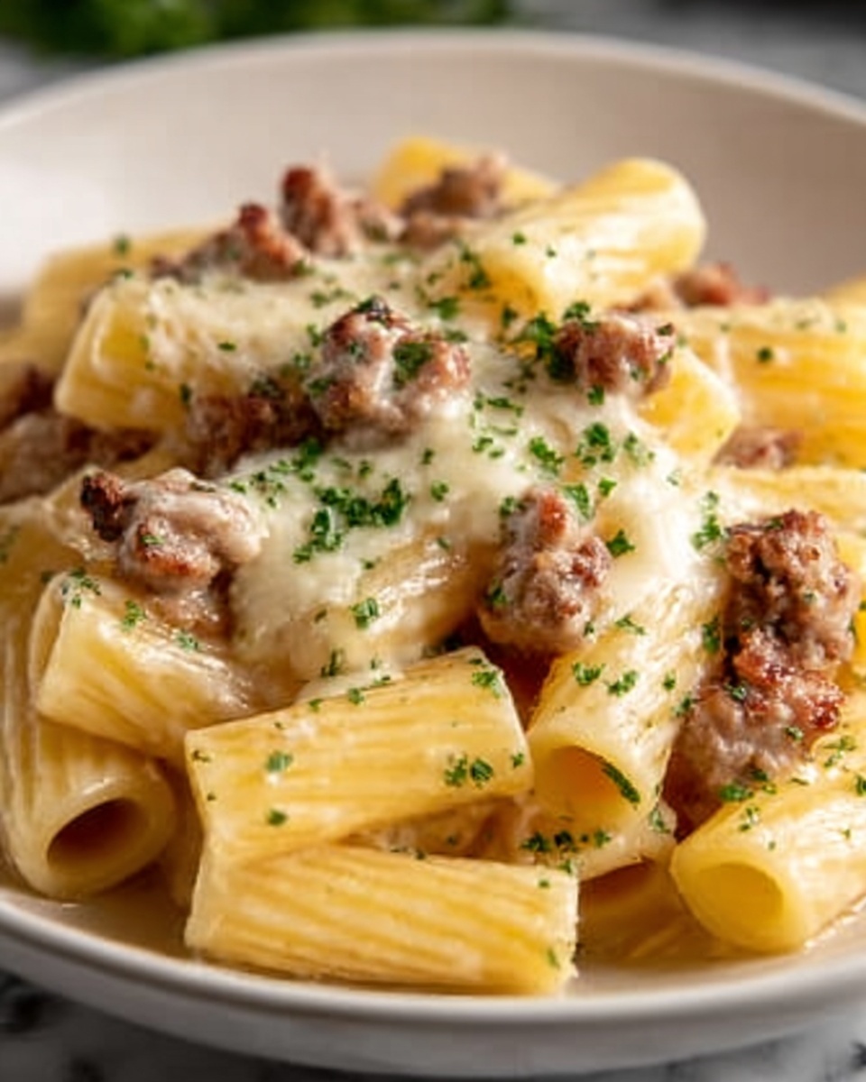Creamy Garlic Sausage Alfredo Rigatoni Recipe - Recipe Image