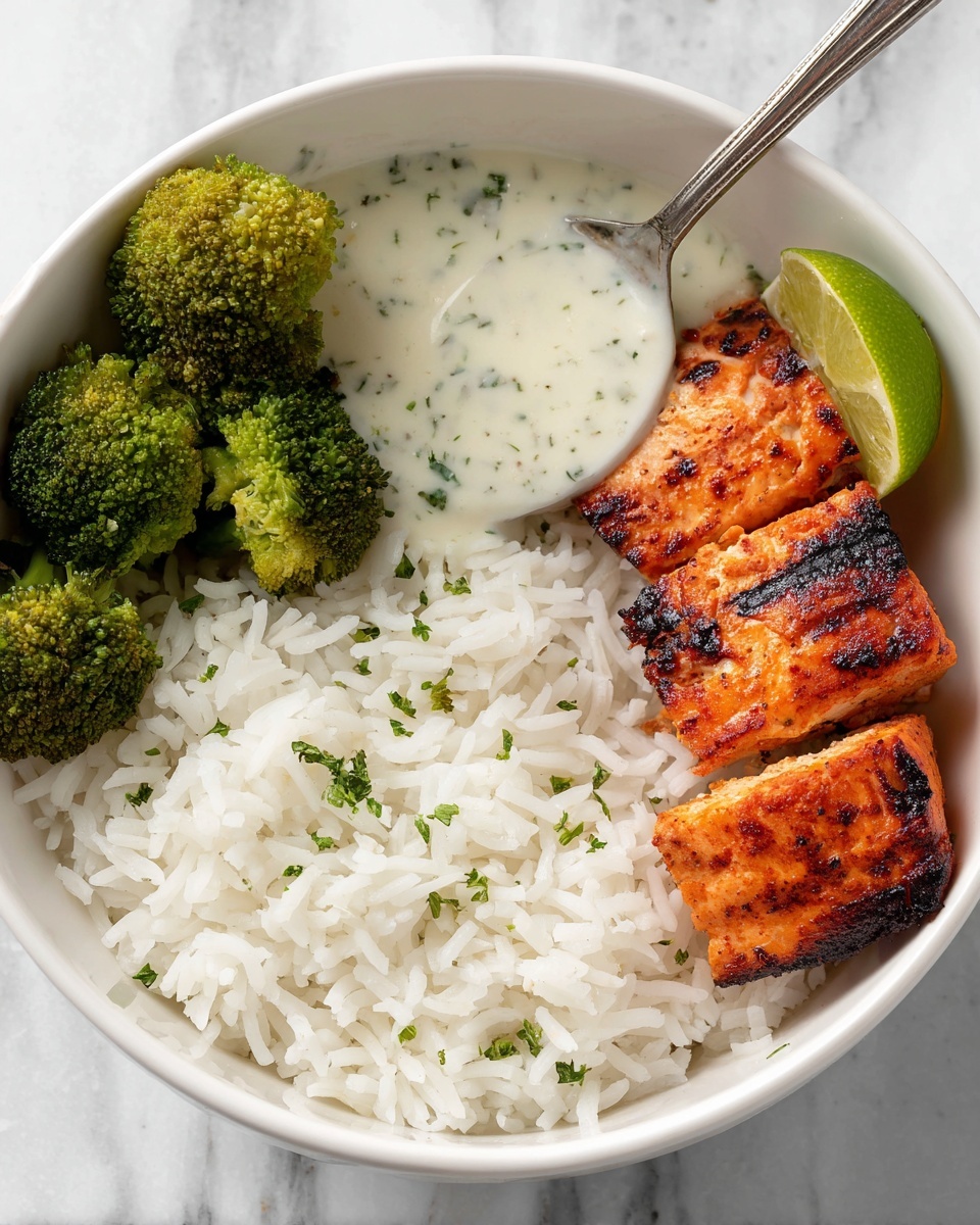 Grilled Chicken & Broccoli Bowls with Creamy Garlic Sauce Recipe - Recipe Image