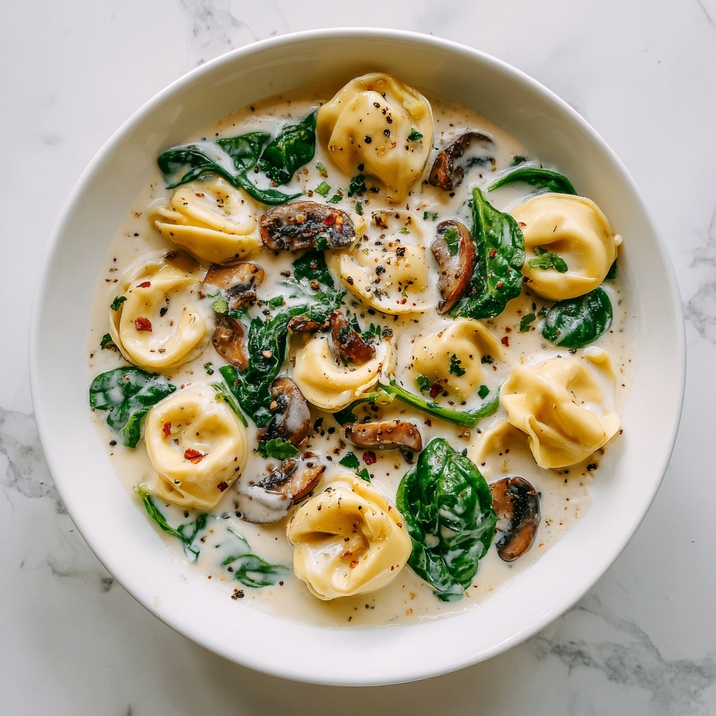 Creamy Parmesan Mushroom and Spinach Tortellini Soup Recipe - Recipe Image