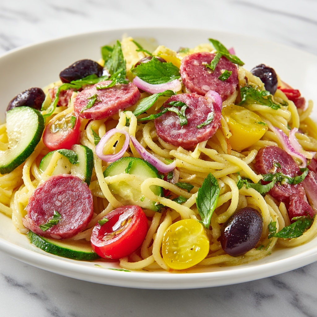 Spaghetti Salad with Fresh Vegetables, Salami, and Italian Dressing Recipe - Recipe Image
