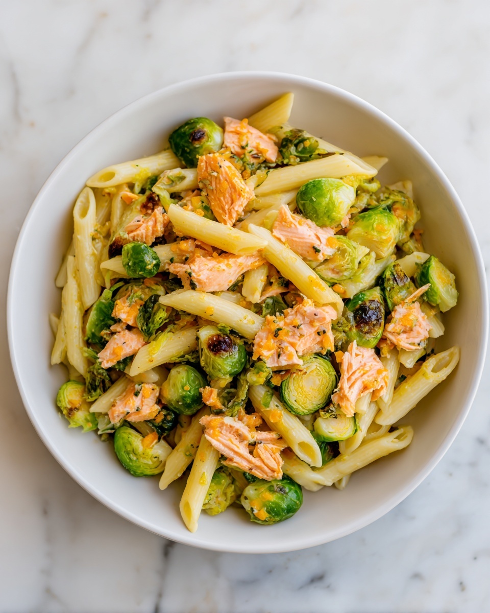 Salmon Pasta with Brussels Sprouts and Lemon Parmesan Recipe - Recipe Image