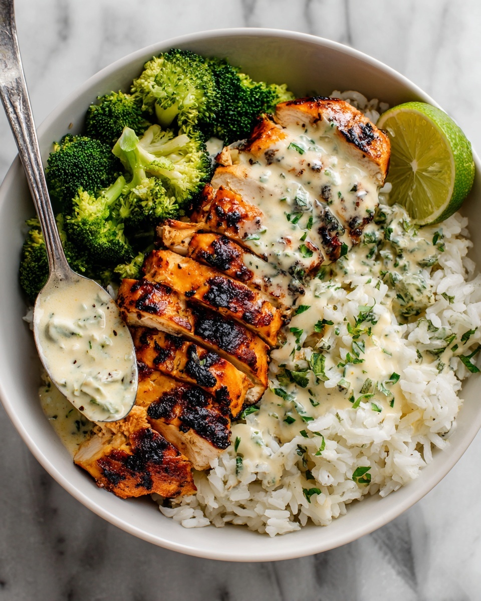 Grilled Chicken & Broccoli Bowls with Creamy Garlic Sauce Recipe - Recipe Image