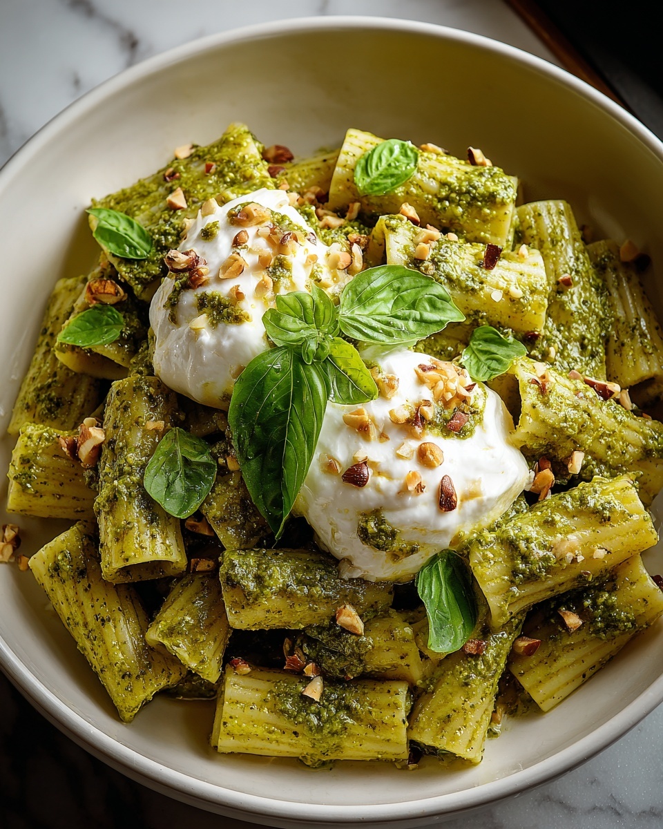 Creamy One Pot Rigatoni with Basil-Pistachio Pesto & Burrata Recipe - Recipe Image