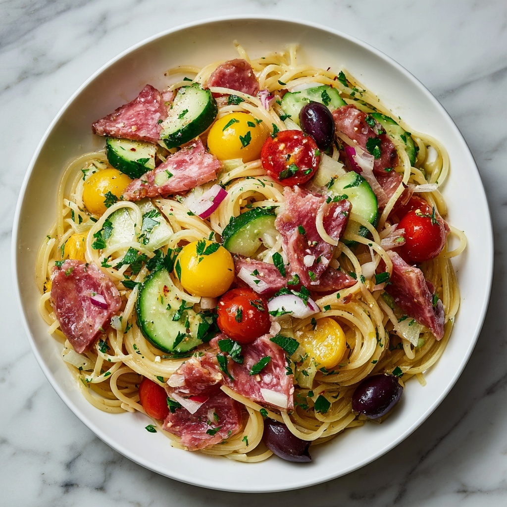Spaghetti Salad with Fresh Vegetables, Salami, and Italian Dressing Recipe - Recipe Image
