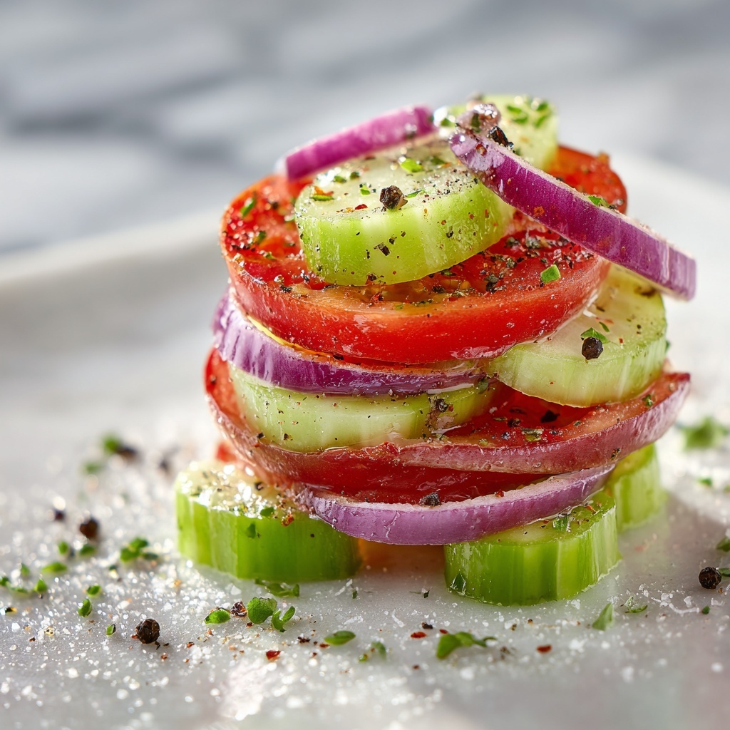 Fresh & Tangy Marinated Cucumber, Onion, and Tomato Salad Recipe - Recipe Image