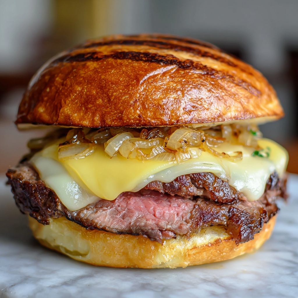 Grilled Ribeye Steak Sandwich with Caramelized Onions, Mushrooms & Roasted Red Pepper Aioli Recipe - Recipe Image