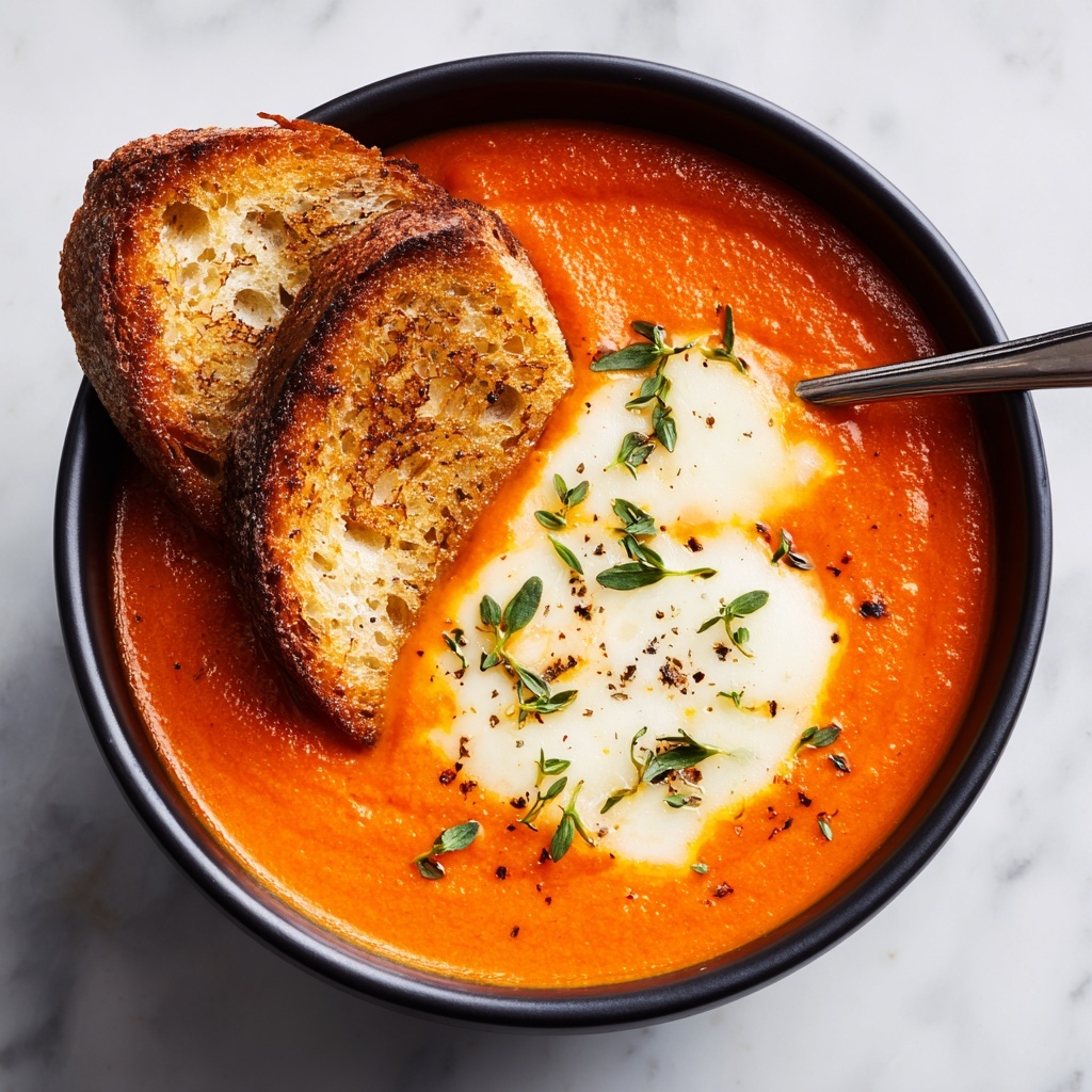Tomato Soup with Cheese and Onion Toast Recipe - Recipe Image