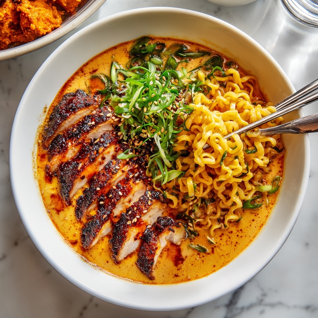 Fiery Chicken Ramen with Creamy Garlic Sauce Recipe - Recipe Image