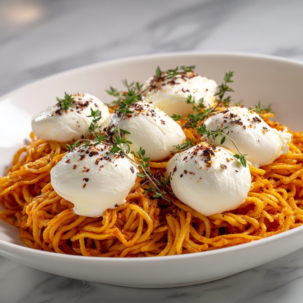 Creamy Red Pepper Pasta with Burrata and Herbs Recipe - Recipe Image