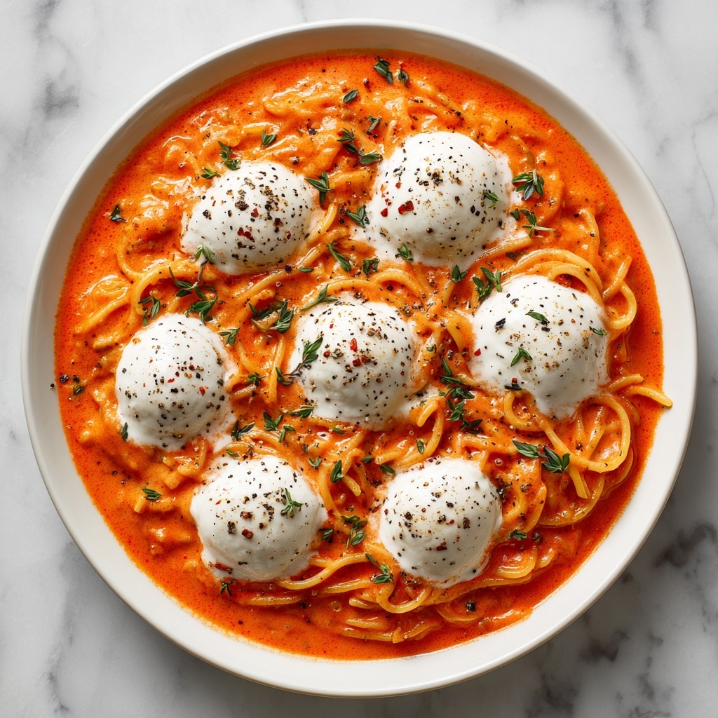 Creamy Red Pepper Pasta with Burrata and Herbs Recipe - Recipe Image