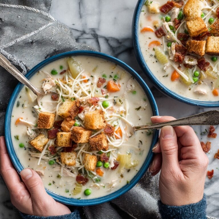 Creamy Chicken Noodle Soup with Mini Croutons and Crispy Bacon Recipe