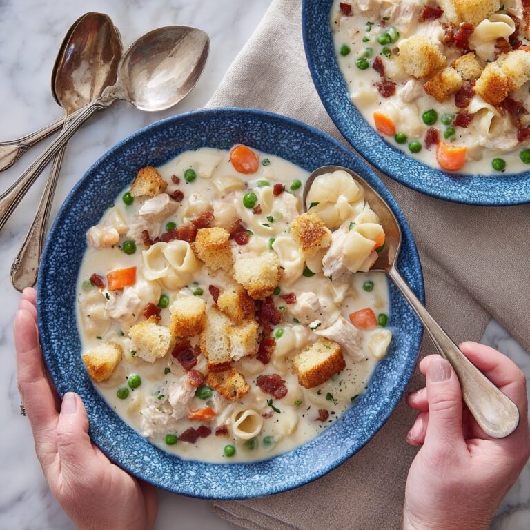 Creamy Chicken Noodle Soup with Mini Croutons and Crispy Bacon Recipe