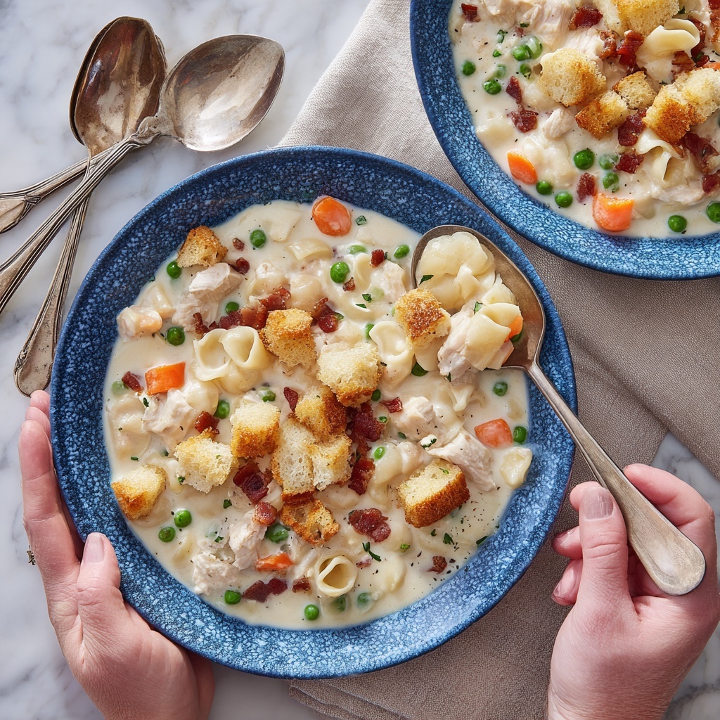 Creamy Chicken Noodle Soup with Mini Croutons and Crispy Bacon Recipe - Recipe Image