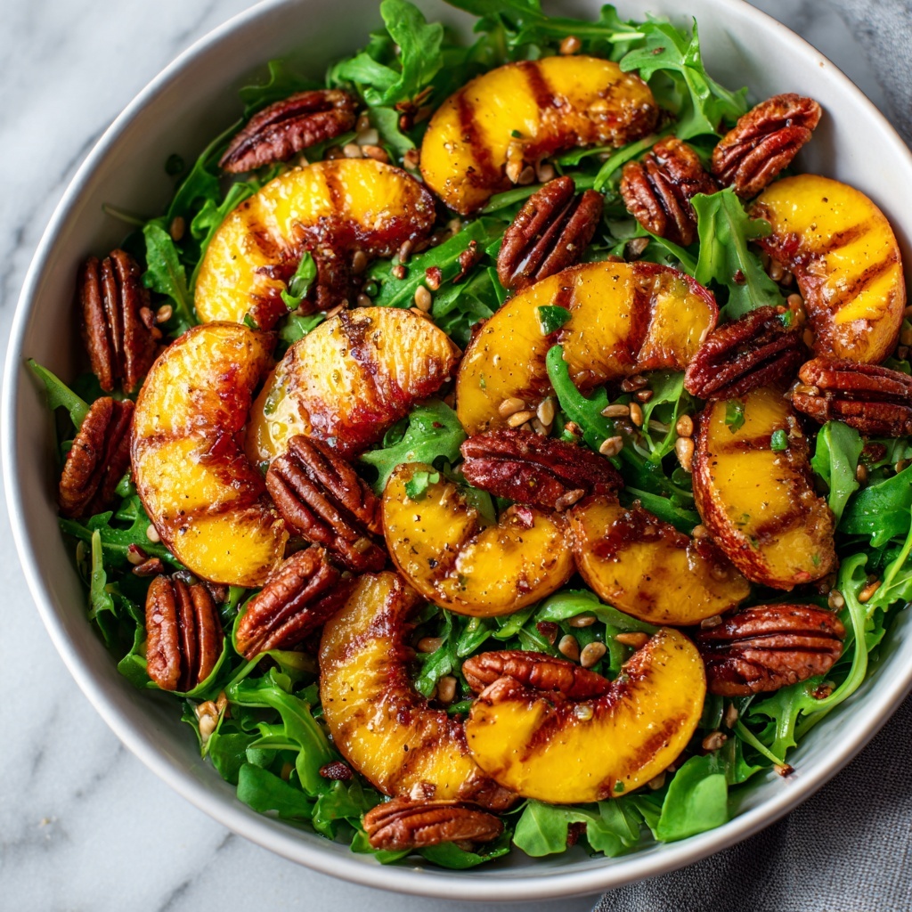 Grilled Peach Salad with Honey Vinaigrette, Candied Curry Pecans, and Blueberries Recipe - Recipe Image