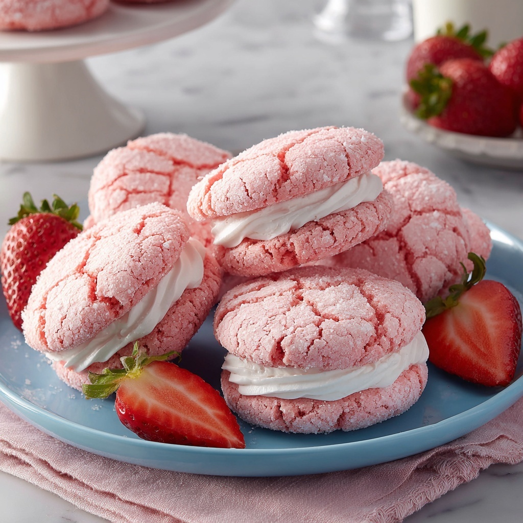 Strawberry Cake Mix Cookies with Vanilla Almond Buttercream Sandwiches Recipe - Recipe Image