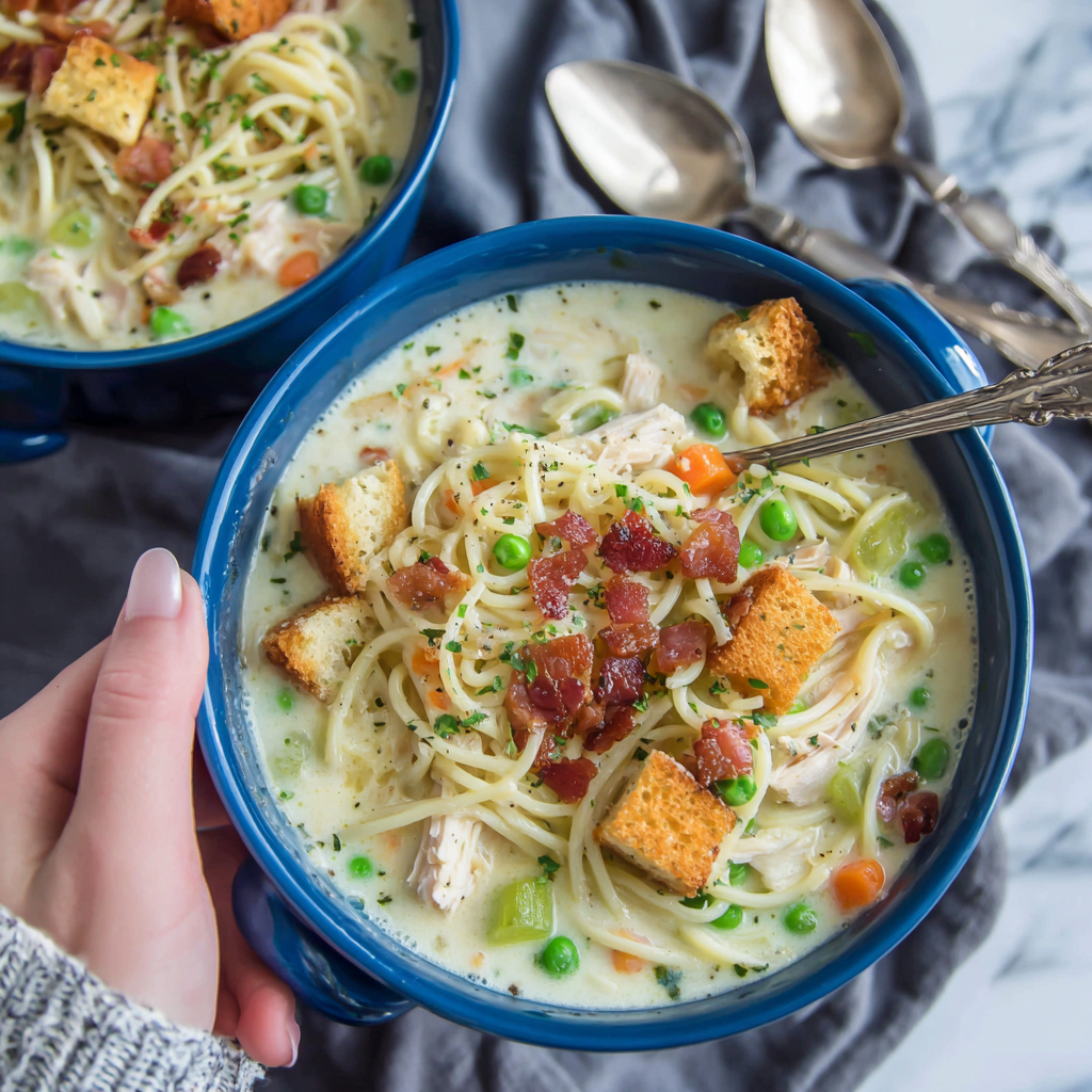 Creamy Chicken Noodle Soup with Mini Croutons and Crispy Bacon Recipe - Recipe Image