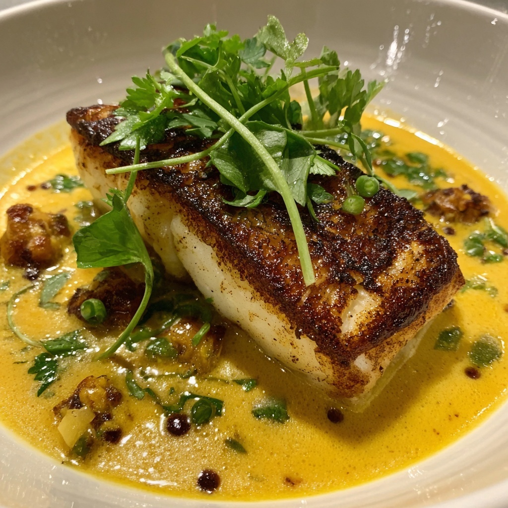 South Indian Coconut Cod Curry with Saffron Butter Recipe - Recipe Image