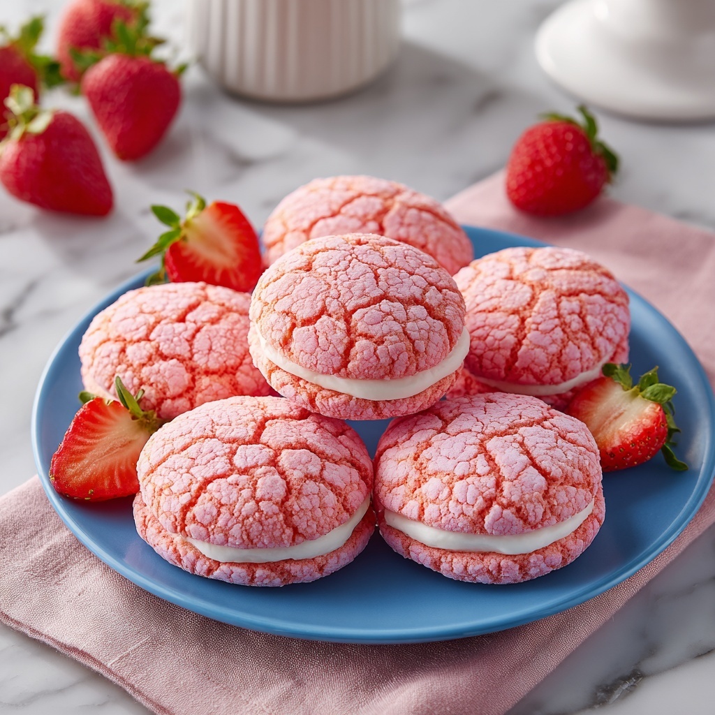 Strawberry Cake Mix Cookies with Vanilla Almond Buttercream Sandwiches Recipe - Recipe Image