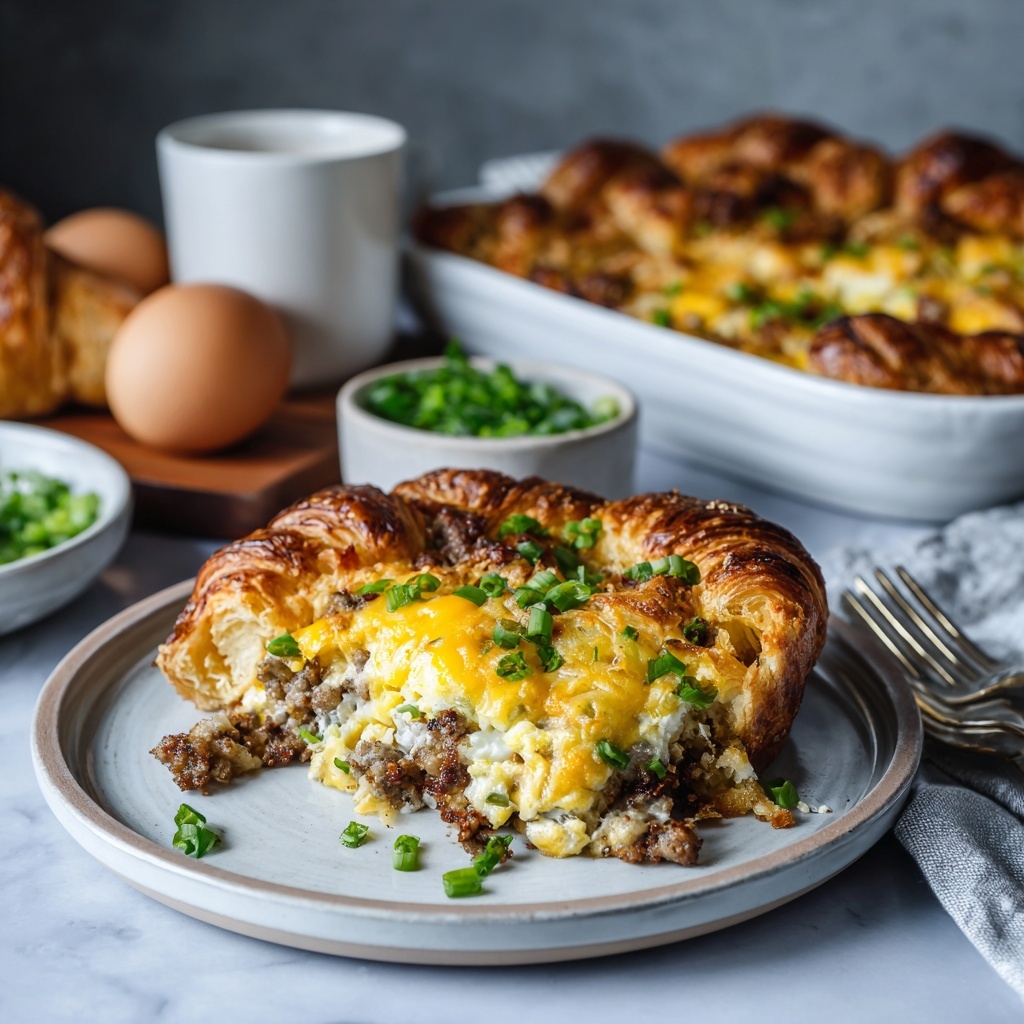 Croissant Breakfast Casserole with Sausage, Cream Cheese, and Green Onions Recipe - Recipe Image