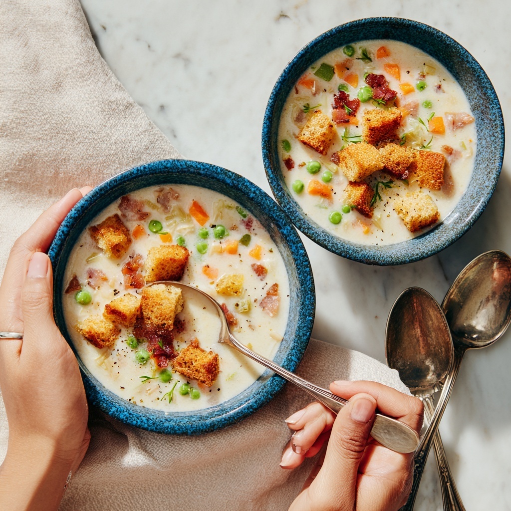 Creamy Chicken Noodle Soup with Mini Croutons and Crispy Bacon Recipe - Recipe Image