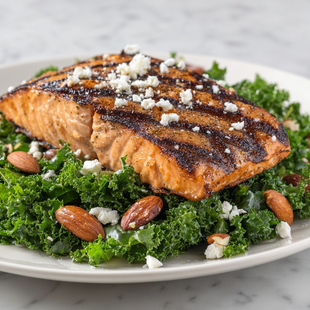 Grilled Salmon Salad with Kale, Parmesan, and Honey Lemon Vinaigrette Recipe - Recipe Image