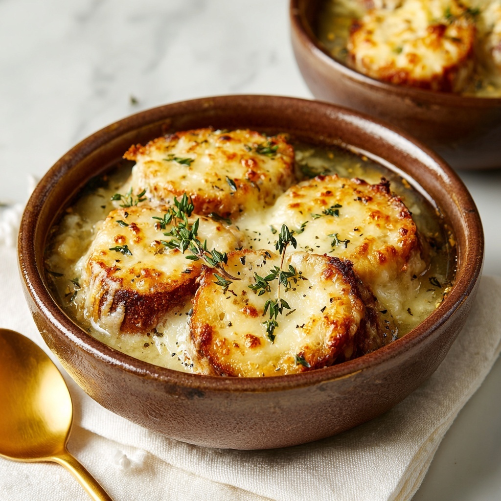 Vegan French Onion Soup with Caramelized Onions and Baguette Topping Recipe - Recipe Image