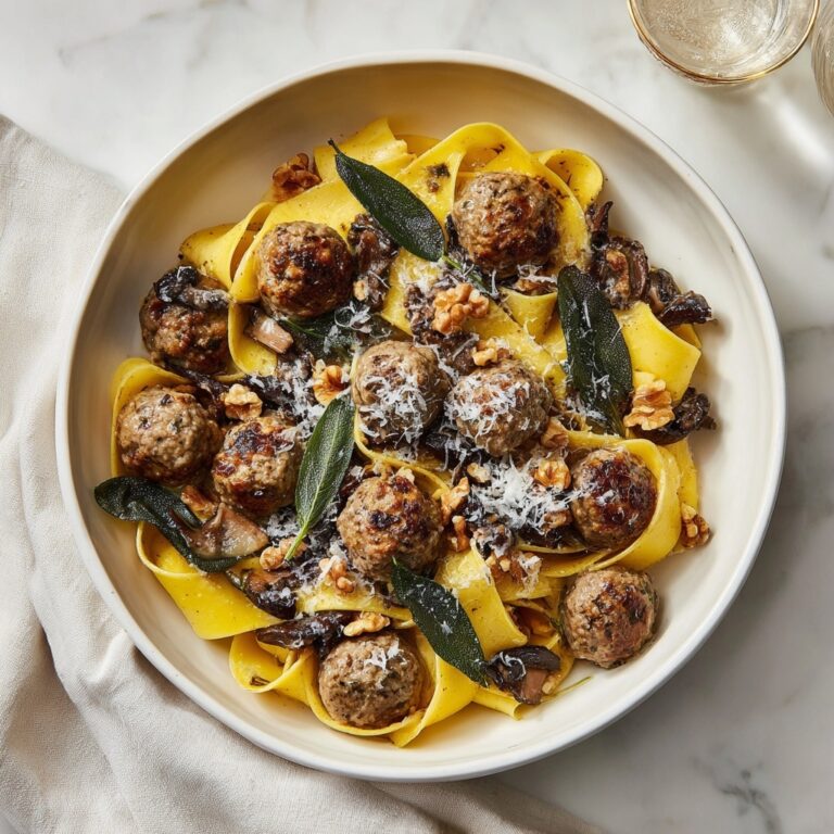 Winter Pasta with Mushrooms, Sausage Meatballs, Walnuts & Crispy Sage Recipe