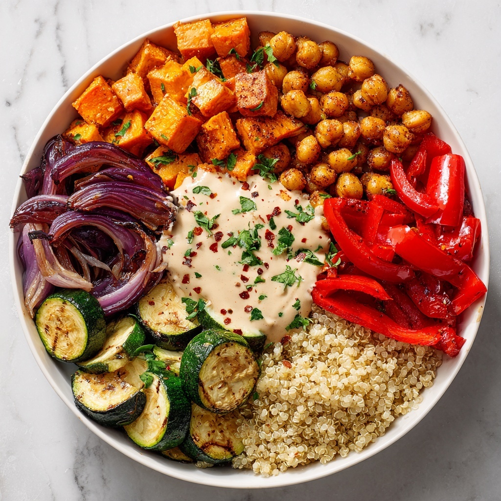 Glow Bowl with Roasted Veggies, Chickpeas, and Tahini Yogurt Sauce Recipe - Recipe Image