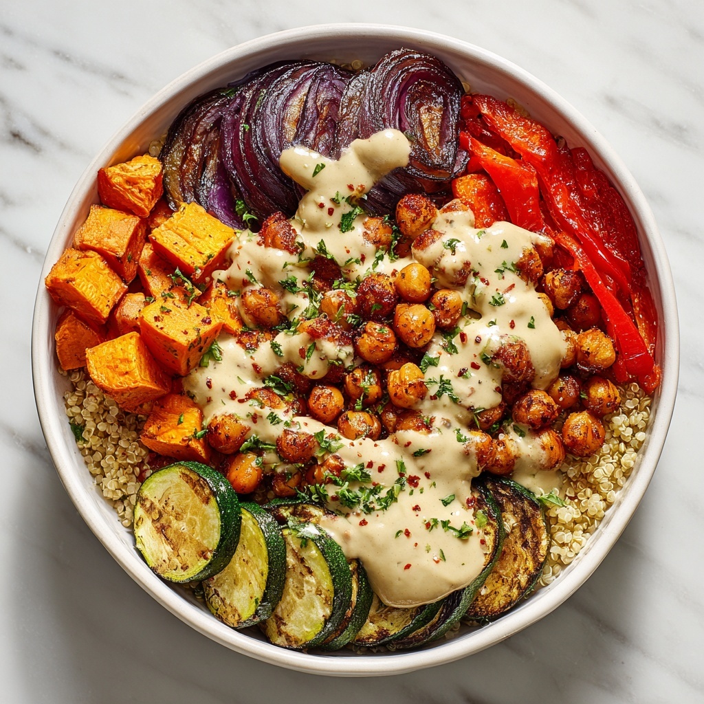 Glow Bowl with Roasted Veggies, Chickpeas, and Tahini Yogurt Sauce Recipe - Recipe Image