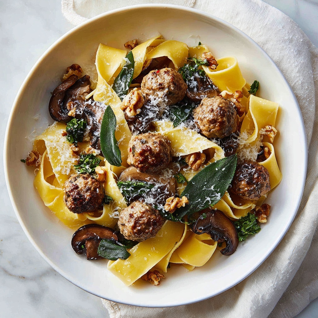 Winter Pasta with Mushrooms, Sausage Meatballs, Walnuts & Crispy Sage Recipe - Recipe Image