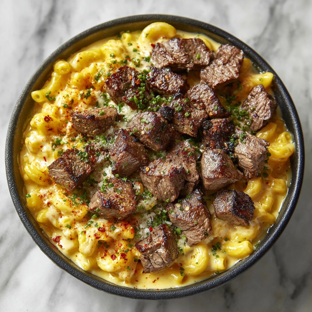 Garlic Butter Steak Mac and Cheese Recipe - Recipe Image