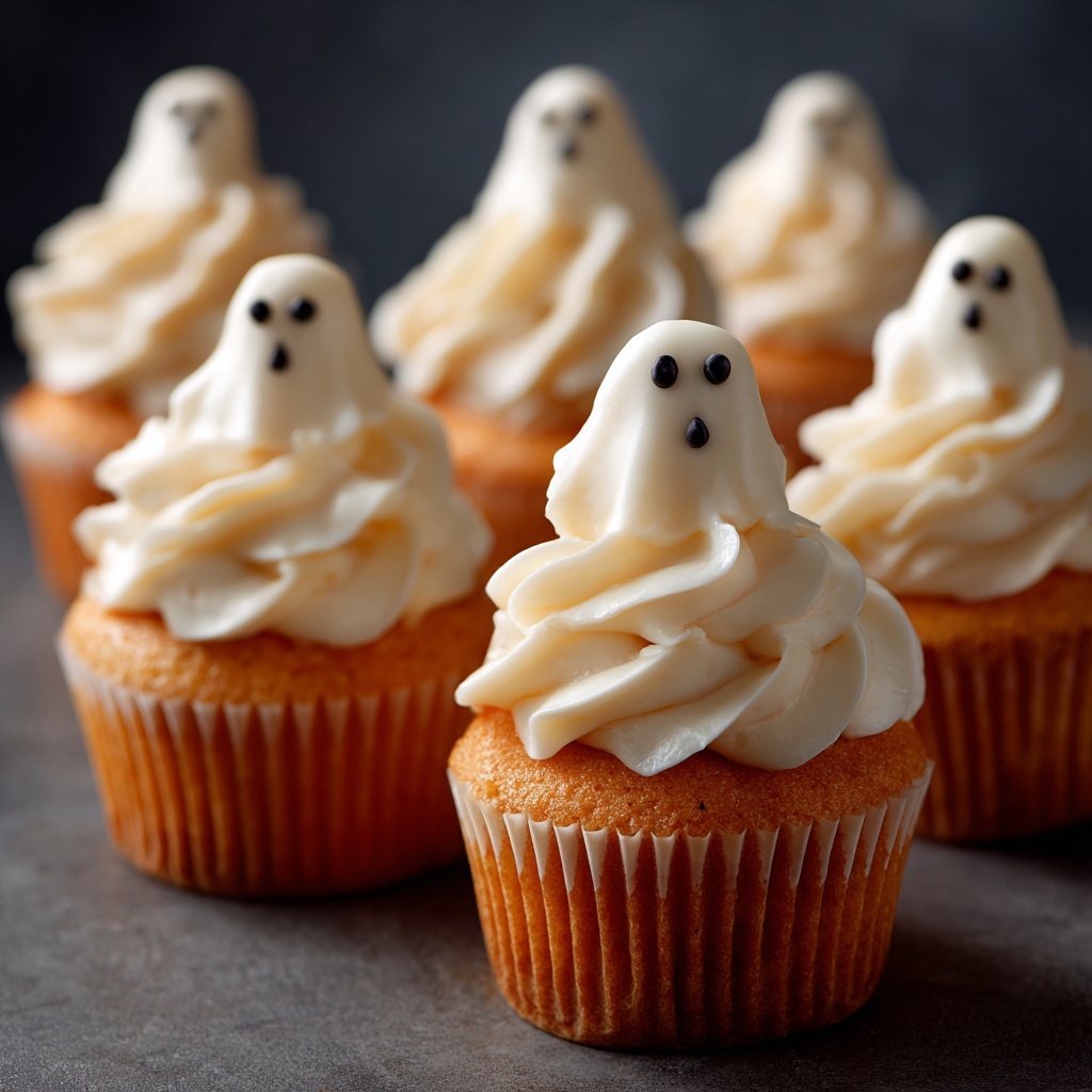 Ghostly Vanilla Cupcakes with Edible Glitter and Mini Chocolate Chip Eyes Recipe - Recipe Image